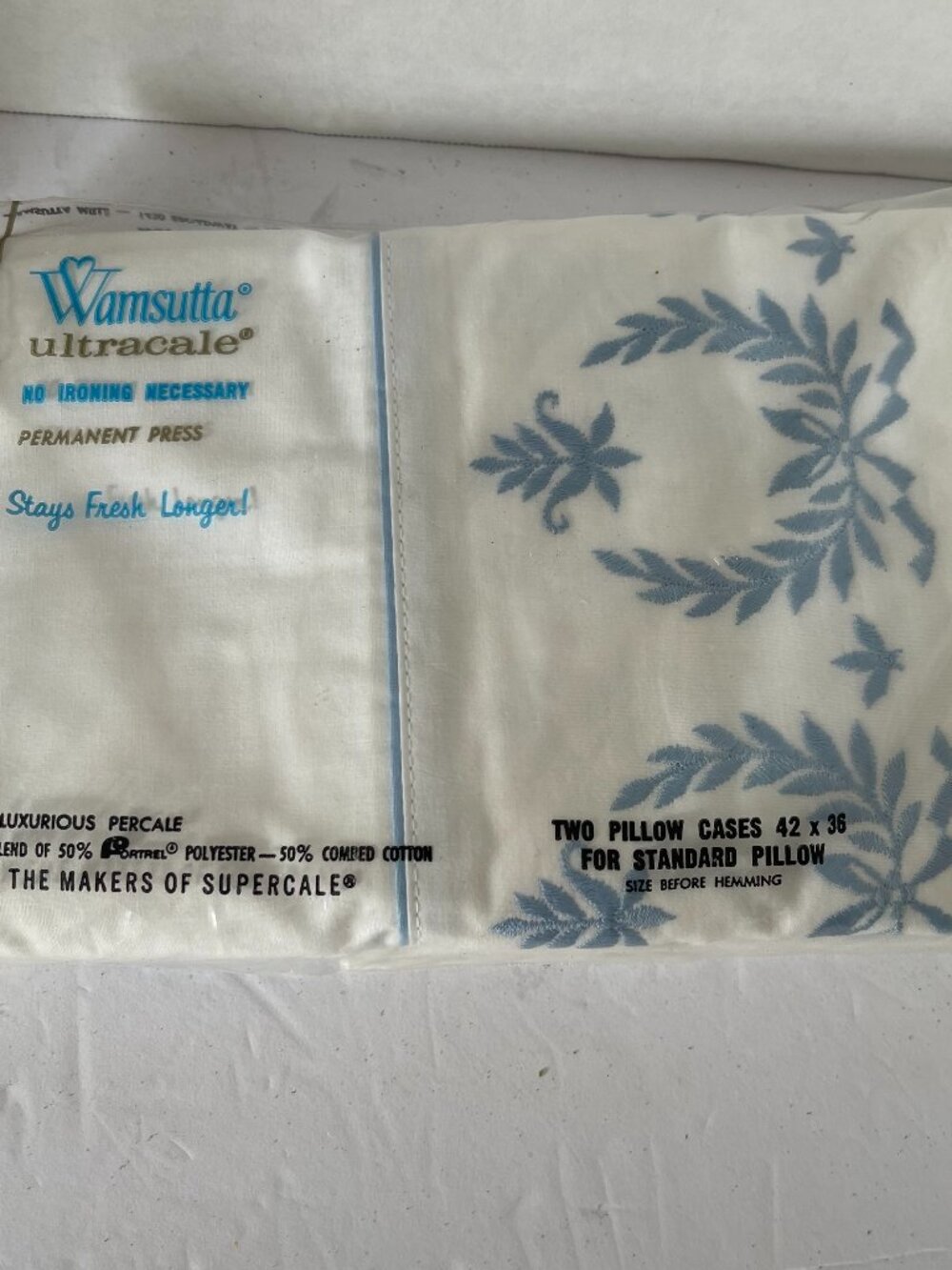 VTG Wamsutta Ultracale 2 STD Pillow Cases 42"x36" White w/ Blue Embroidery NEW